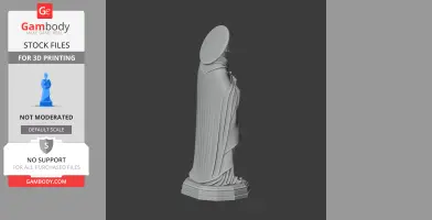 A 3D printable devotional statue with a halo and flowing robe, standing on a multi-tiered base.