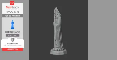 A detailed 3D model of a hooded saint holding a staff, standing on an ornate base.