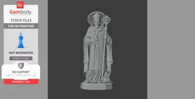 A detailed 3D model of a saintly figure holding a staff, wearing a mitre and robes, standing on a pedestal.