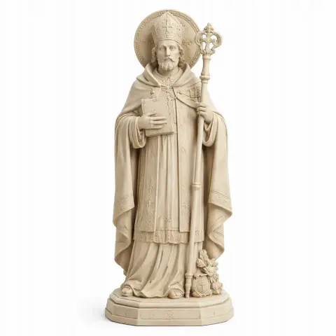 A detailed statue of a robed saint holding a staff and a book, with intricate religious attire.
