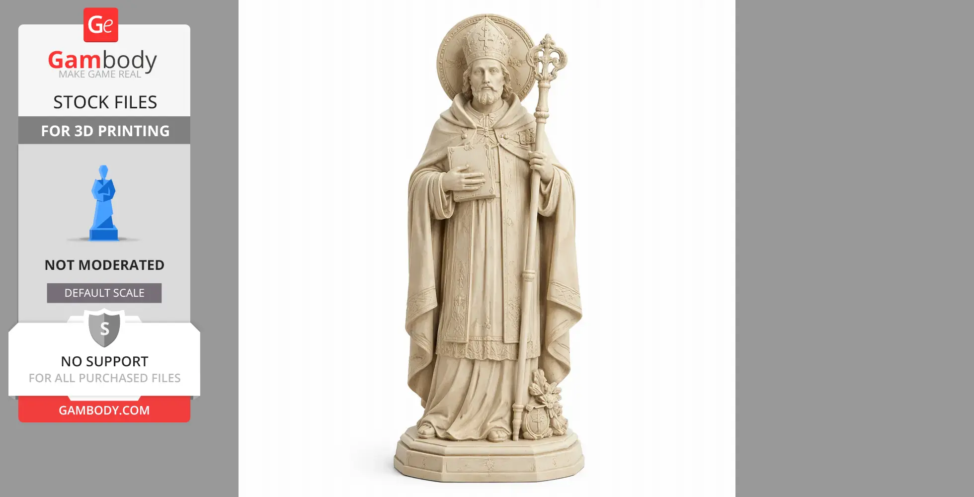A detailed statue of a saint with a halo, holding a staff and a book, dressed in robes.