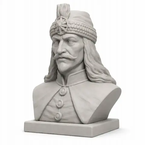 Bust of a historical figure with a mustache, wearing a decorated hat and cape, on a square base.