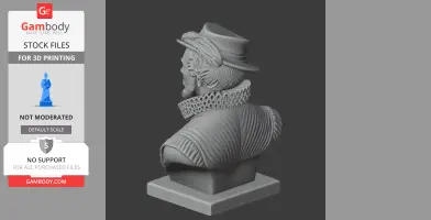A detailed 3D bust of a historical figure with a hat and ruffled collar, designed for 3D printing.