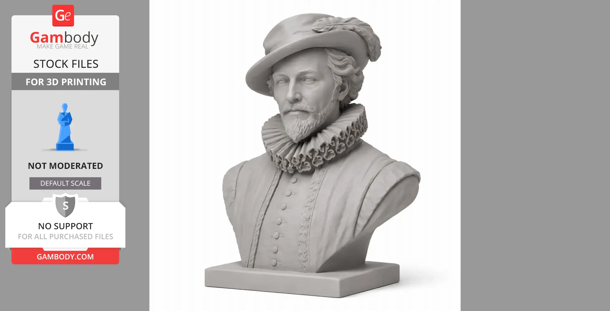A detailed 3D bust of a historical figure in period attire, featuring a ruffled collar and feathered hat.