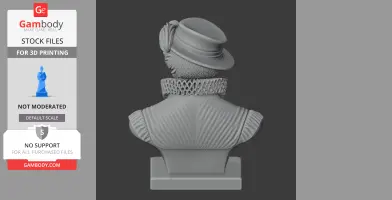 A detailed bust of a historical figure with a ruffled collar and hat, designed for 3D printing.