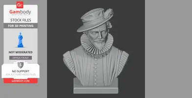 A detailed 3D bust of a historical figure with a ruffled collar and hat, designed for 3D printing.