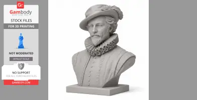 A detailed 3D bust of a historical figure in period attire, featuring a ruffled collar and feathered hat.