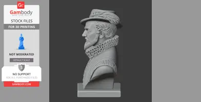 Detailed bust of a historical figure with a feathered hat and ruffled collar, side profile view.