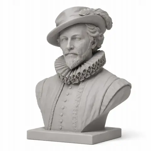 Bust of a historical figure with a feathered hat and ruffled collar, designed for 3D printing.
