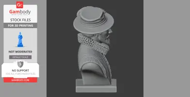 A detailed 3D bust of a man in historical attire with a hat and ruffled collar, designed for 3D printing.
