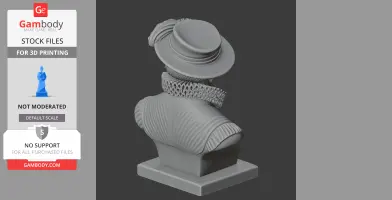 3D-printed bust with a hat, ruffled collar, and detailed textured clothing on a pedestal.