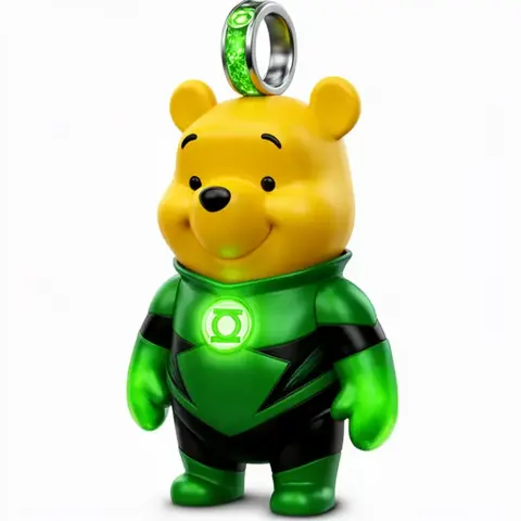 A mashup figure of Winnie the Pooh dressed in a Green Lantern outfit with a ring above his head.