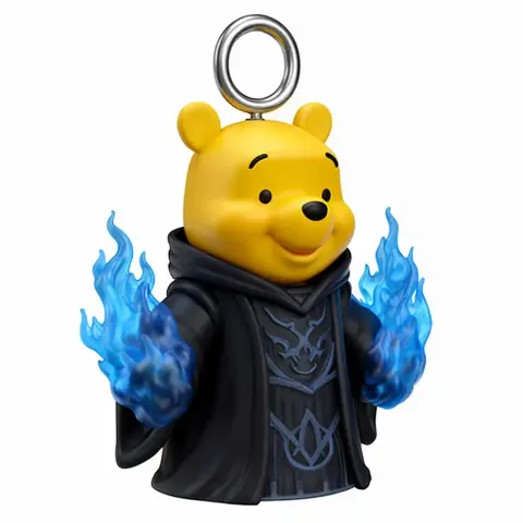 Winnie the Pooh wears a dark cloak with blue flaming hands and a ring at the top.
