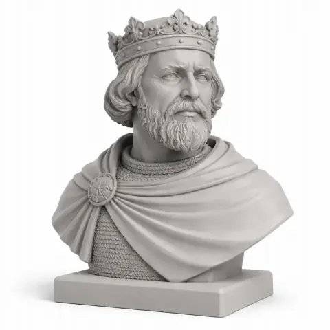 Bust of a bearded man with a crown and cloak, medieval style, on a square base.