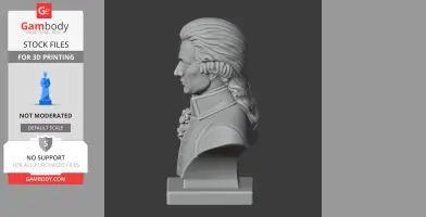 A side-view of a 3D printed bust of Mozart styled as a historical warrior on a rectangular base.