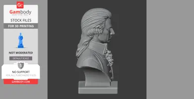 3D printed bust of a historical figure with long hair and ornate clothing, viewed in profile.