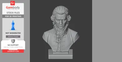 Bust of Mozart in historical warrior attire, detailed features and attire for 3D printing.