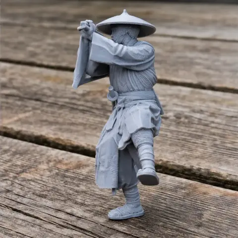 Samurai in traditional armor and hat, posed dynamically with one leg raised, ready for combat.