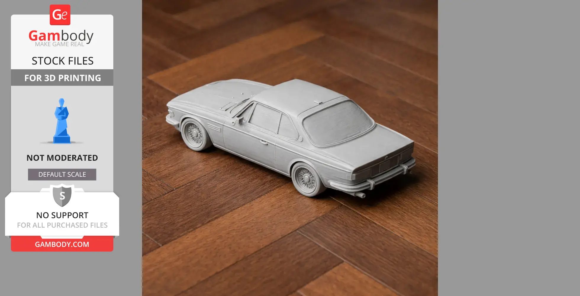 3D printed model of a BMW E9 car on a wooden surface, showcasing intricate design details.
