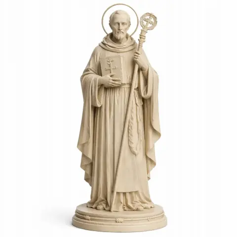 Statue of Saint Aelred holding a crozier and book, wearing a robe with a halo, standing on a round base.
