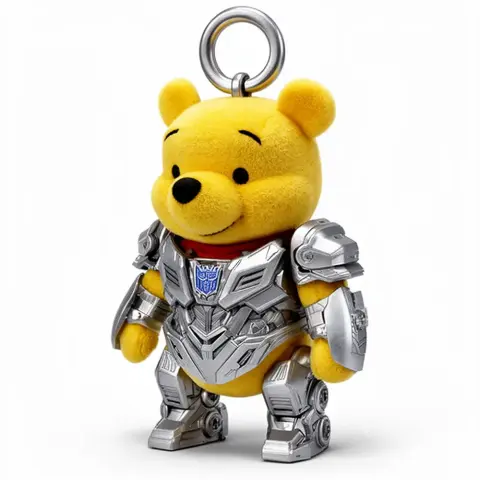 A cute bear character in robotic armor with a ring on its head, combining soft and metallic features.