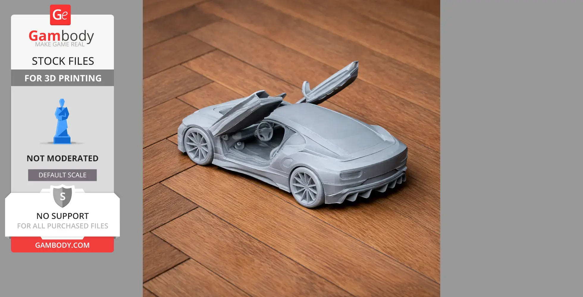 3D printed BMW i8 model with open scissor doors on a wooden surface.
