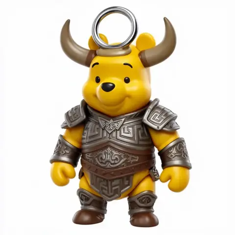 A whimsical figure blending Winnie the Pooh and a minotaur, wearing ornate armor with a ring on its head.