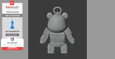 A 3D model of a figurine combining features of a bear and a robot, with a ring on its head.