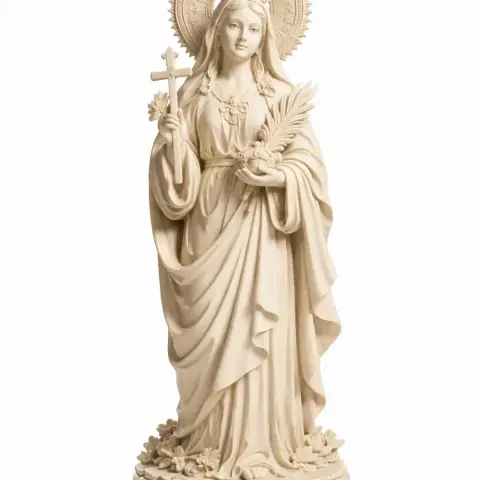 A devotional statue of a woman holding a cross and palm, with a halo behind her head.