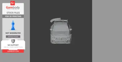 3D model of a BMW M2 racing car with a prominent rear spoiler, seen from the front.