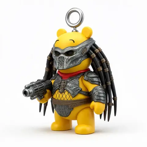 A mashup figure of Winnie the Pooh dressed as Predator, holding a futuristic weapon. It features a ring on top.