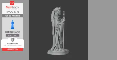 A detailed 3D model of a robed figure with wings, holding a staff, on a circular base.