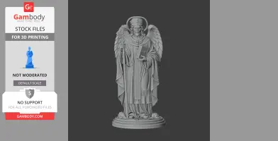 An angelic figure holding a cross and book, with wings, standing on a decorated pedestal.