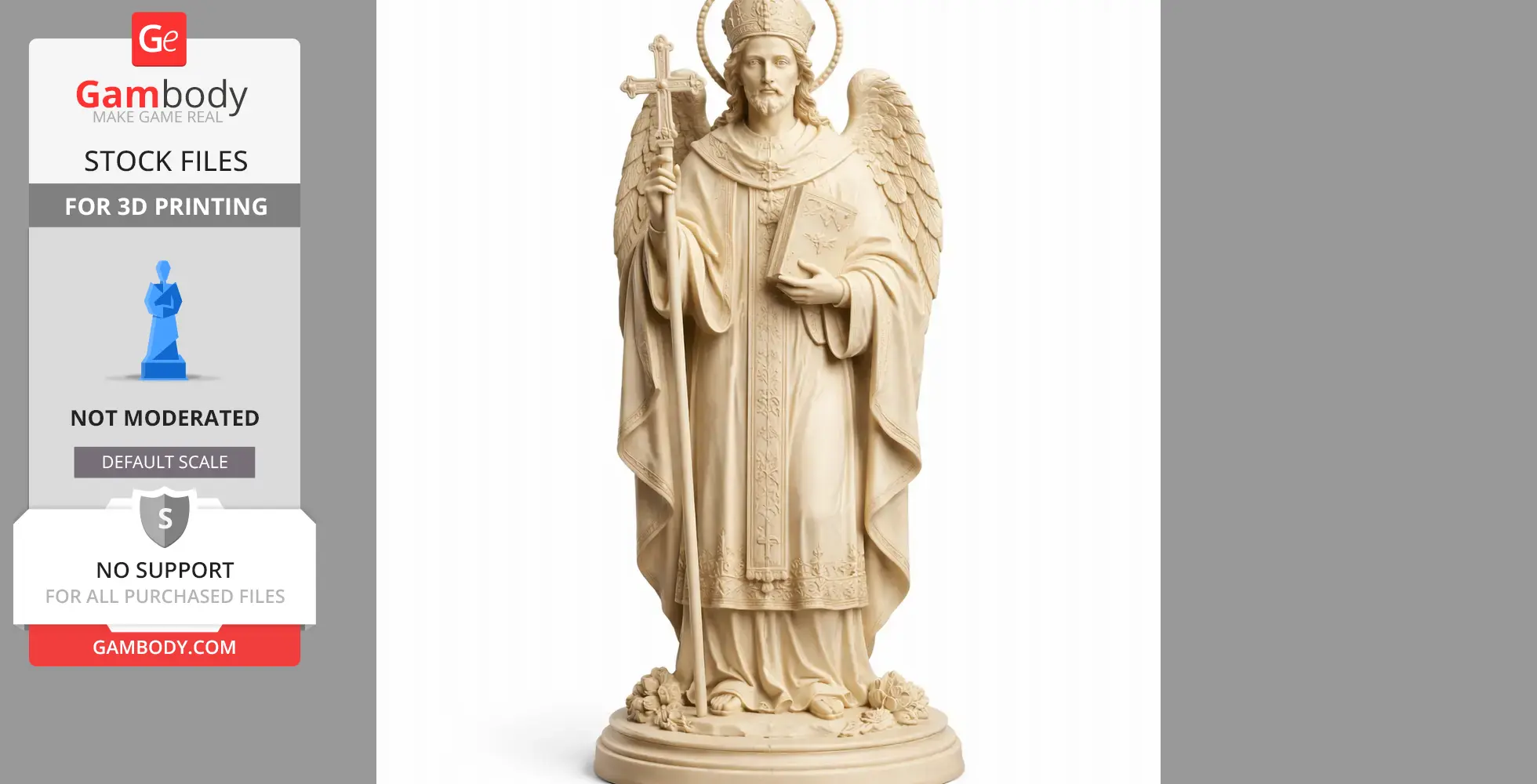 A 3D print model of a saintly figure with wings, holding a cross and book, wearing ornate religious garments.