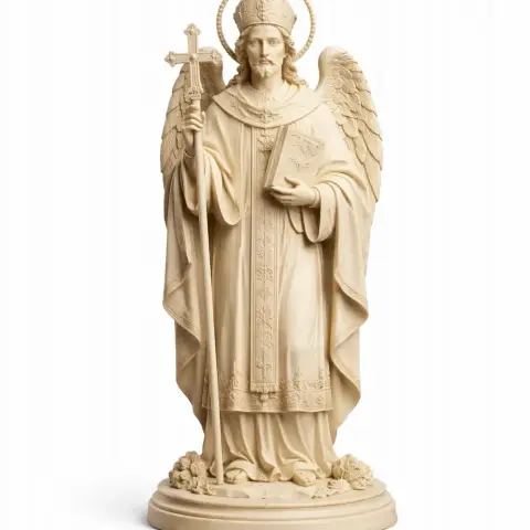A detailed 3D statue of a winged saint holding a cross, wearing a robe and halo, on a round base.