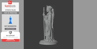 A detailed 3D statue of a robed figure holding a staff and book, with wings on its back.