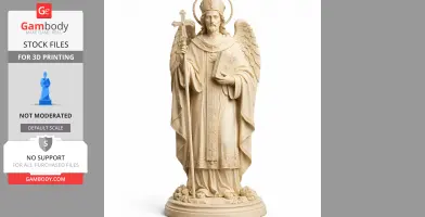 A 3D print model of a saintly figure with wings, holding a cross and book, wearing ornate religious garments.