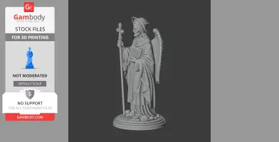 Saint Agathangelus 3D model in robes with staff, book, and wings on decorative base.