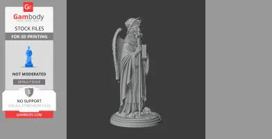 A robed angelic figure holding a cross and book, standing on a decorative base with feathers.
