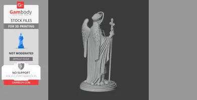 Winged saint figure holding a staff with a cross, draped robe, standing on a round base.