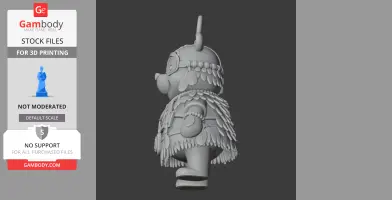 Winnie the Pooh in shaman attire with feathered cloak and headgear, 3D print model side view.