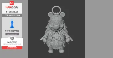 A bear-like figure in shaman attire with detailed ornaments and a ring above its head.