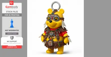 A shaman-style bear figure with tribal attire, mask, and feathers, designed as a 3D printable model.