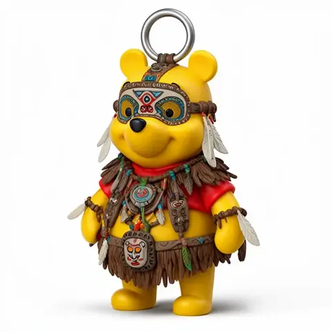 A bear-like character in tribal attire with a feathered mask and a ring on its head.