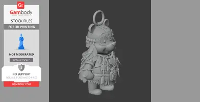 3D model of a bear in shaman attire with feathered decorations and a ringed headpiece.