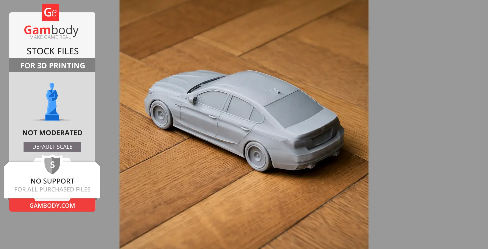Gray 3D-printed BMW M5 model on a wooden floor, designed for 3D printing.