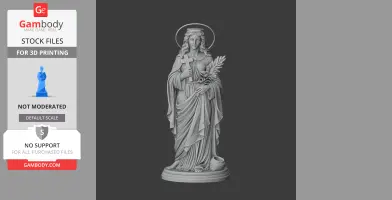 3D model of Saint Agathoclia, holding a cross and palm branch, draped in robes with a halo overhead.