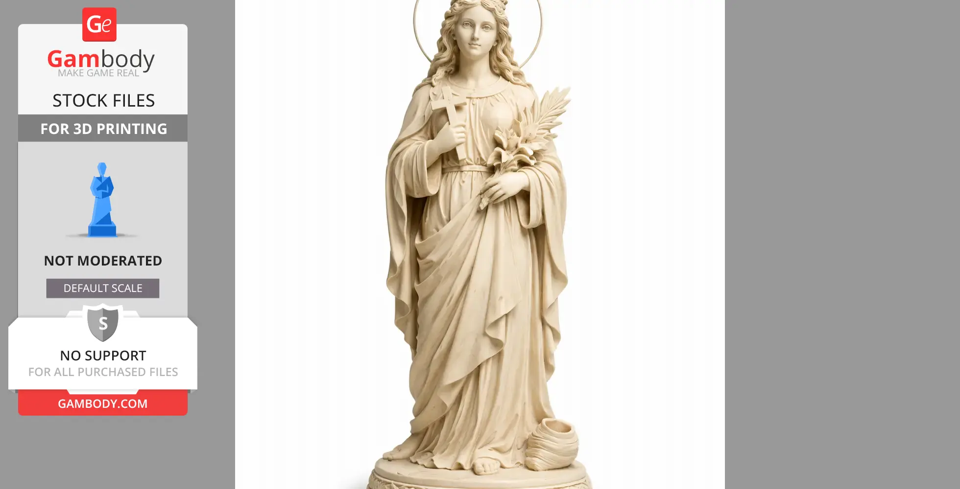A devotional statue of a serene figure holding a cross and lilies, draped in flowing robes, with a halo.