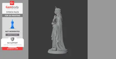 Devotional statue of a woman in robes holding items, standing next to a vase, designed for 3D printing.