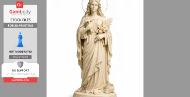 A devotional statue of a serene figure holding a cross and lilies, draped in flowing robes, with a halo.